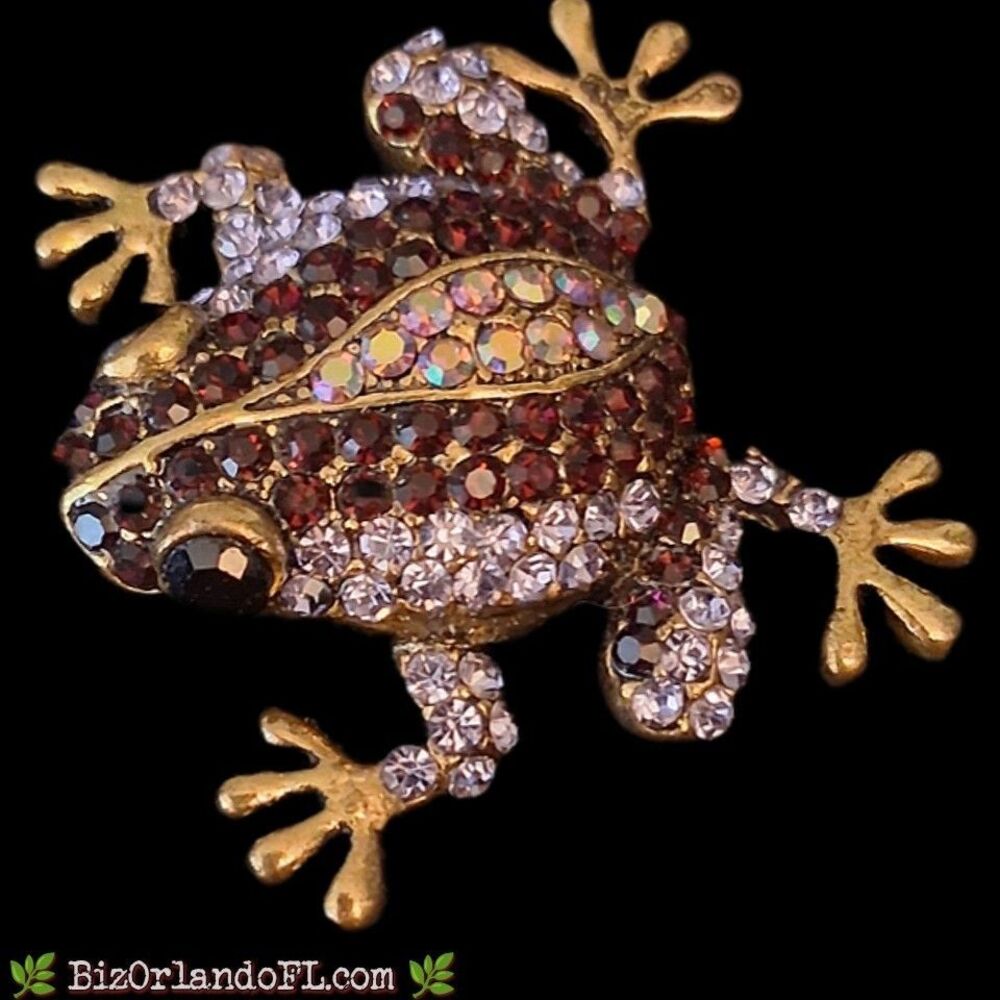 Sparkly Rhinestone Frog Brooch / Pendant Combo Iridescent Aurora Borealis Amber